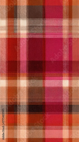Vibrant plaid fabric background in shades of red, pink, and yellow, seamless pattern, 
