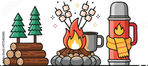 Camping and outdoor recreation icons set with campfire and thermos.