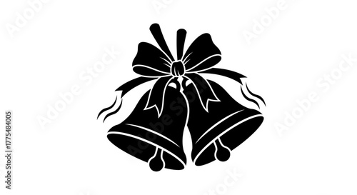 Black and white illustration of two wedding bells tied together with a decorative bow, symbolizing marriage.