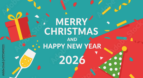 Merry Christmas and Happy New Year 2026 greeting card with gift box, champagne, and confetti.