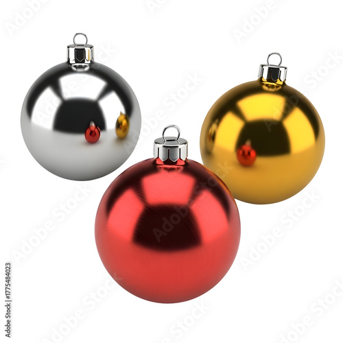 Three reflective Christmas ball ornaments in red gold and silver with metallic caps.