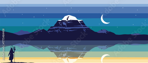 Mystical Night Landscape with Figure and Crescent Moon.