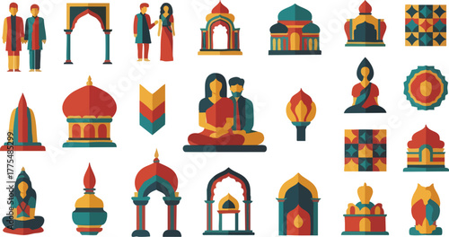 Collection of Indian Cultural and Religious Elements Flat Vector Illustrations.