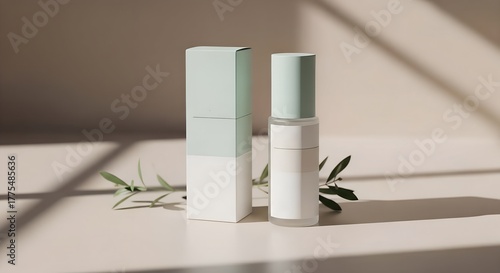 Natural aesthetic cosmetic packaging mockup with bottle, box, and leaves