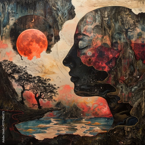 Introspective contemplation: A serene depiction of inner thoughts and dreams, portrayed as a woman's profile against a surreal landscape with a blood moon in a surrealistic style.