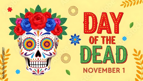 Day of the Dead skull with floral crown colorful vector illustration for Dia de los Muertos celebration isolated on y