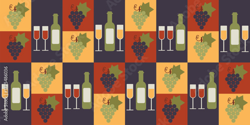 Abstract geometric pattern featuring red and white wine glasses, bottles, and grapes arranged on blue, yellow, and red square background. Perfect for wine labels and event design.