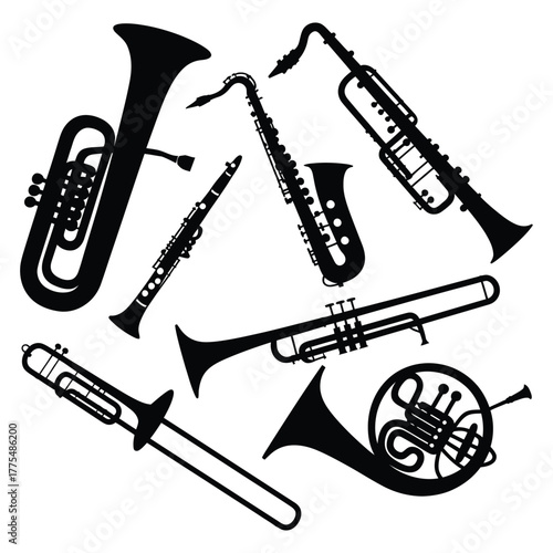 Collection of silhouetted brass and woodwind musical instruments