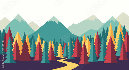 Stylized landscape illustration featuring colorful trees, a winding path, and distant mountains.