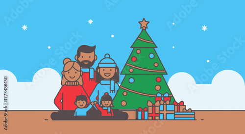 Cartoon family of five standing near a decorated Christmas tree with gifts under a blue sky with snowflakes.