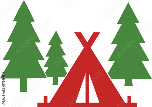 Simple red tent and green pine trees illustration for camping and outdoors