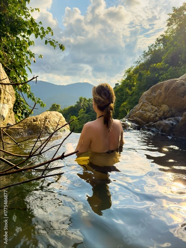Young Woman Enjoys Sunset View in Natural Jungle Infinity Pool