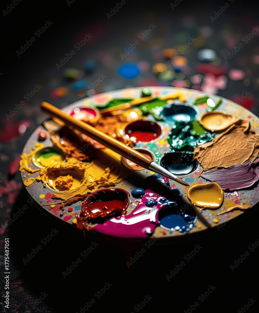 Fototapeta premium Mixing vibrant colors on a painter's palette with brush in an artistic studio illuminated by soft light