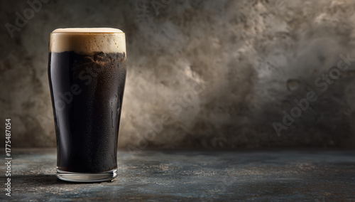 Tall glass of dark stout beer on matte countertop