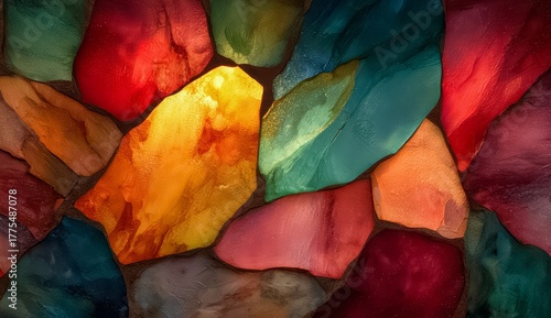 Colorful mosaic made of small rocks and glass pieces. The colors are bright and vibrant, creating a lively