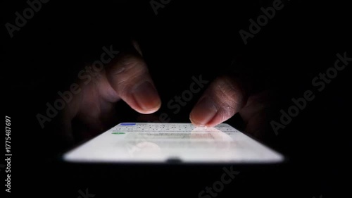 Night, cybersecurity and hands typing with phone for texting, internet troll or person cyberbullying. Dark comment, social media netizen or keyboard warrior for smartphone, online bullying or hacking