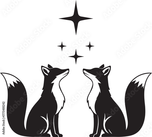 Two stylized black foxes looking up at sparkling stars in the night sky