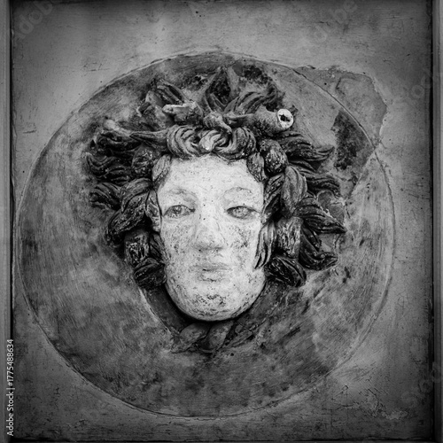 Ancient roman bas-relief of face in El Djem archaeological museum, Tunisia