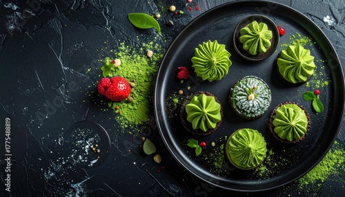 Dark Slate Background With Matcha Desserts Scattered With Berries and Mint Leaves Showing Top Down View