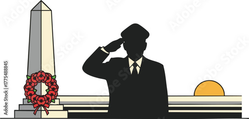 Silhouette of a soldier saluting a war memorial obelisk.