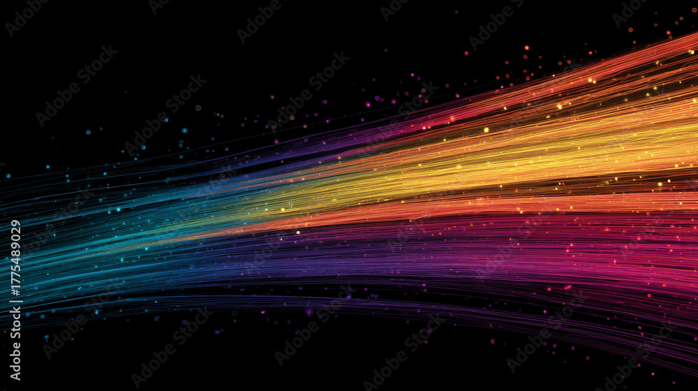 Naklejka premium A vibrant trail of light forms a glowing rainbow spectrum, arching gracefully across a dark background. The luminous overlay showcases the full spectrum of colors, blending seamlessly from red to viol