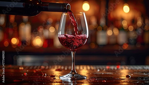 Deep Red Wine Being Poured into Crystal Glass with Swirls and Bubbles in a Cozy Bar with Soft Bokeh Lights and Wooden Countertop