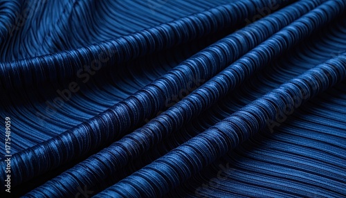 Deep Blue Textured Fabric with Glittery Threads and Vertical Ribbing Detailed Close Up Macro Shot Studio Lighting