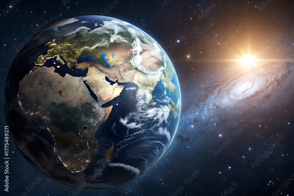 Obraz premium Earth and Moon in Space with Sun and Stars