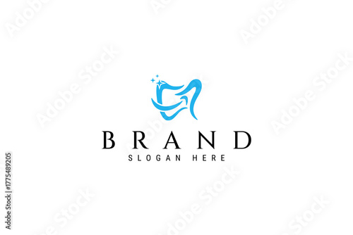 dental smile logo, healthy teeth in abstract blue color flat design style