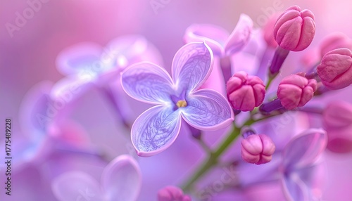 Delicate Lavender Lilac Blossoms with Soft Pink Buds in Gentle Morning Sunlight Macro Photography