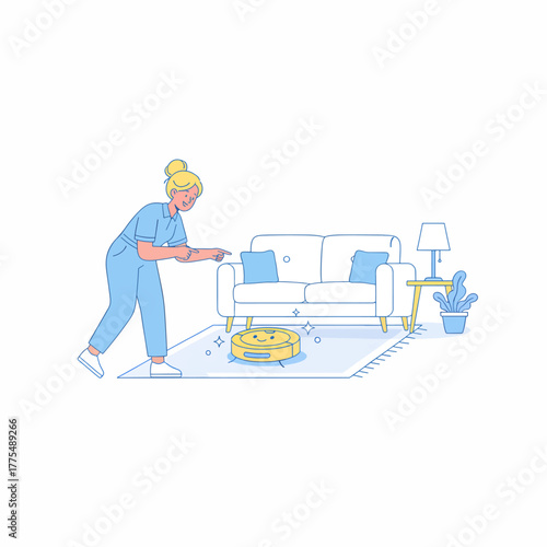 Woman Starts Her Automatic Robot Vacuum Cleaner Cleaning