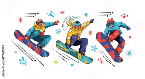 People Snowboarding on Mountain Slopes – Winter Extreme Sport Illustration