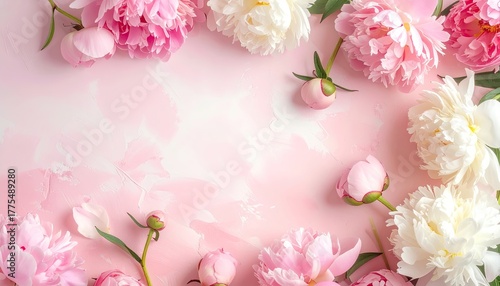 Delicate Pastel Pink and White Peony Flowers Arranged on a Soft Textured Light Pink Background with Subtle Brushstroke Details and Soft Lighting