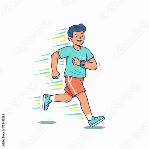 Young man quickly running while checking fitness watch