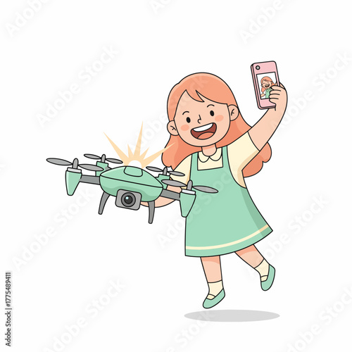 Happy young girl taking a selfie with her drone
