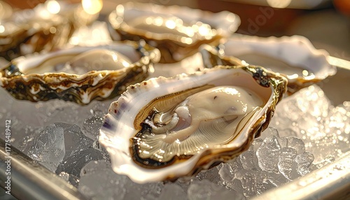 CloseUp of Freshly Shucked Oysters on Crushed Ice with Natural Sunlight Glinting Off Shells