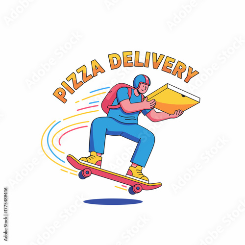 Fast pizza delivery service by a cool skateboarding courier