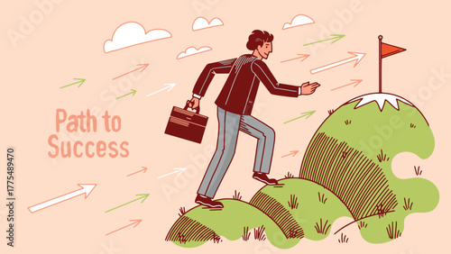A man in suit with a case stepping forward and looking for a path to success in his business company or career. Reaching the top of the mountain with steps. Outline hand drawn style