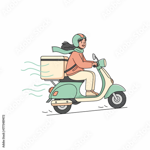 Smiling young woman delivers food quickly on her scooter