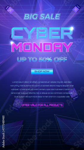 Vertical Cyber Monday Big Sale Banner With Neon Lights And Discount