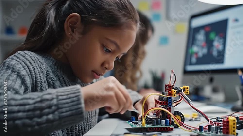 Wallpaper Mural Young Girl Assembling Robot Components at Desk Learning And Education Concept Torontodigital.ca