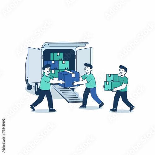 Movers loading and unloading packages from the delivery truck