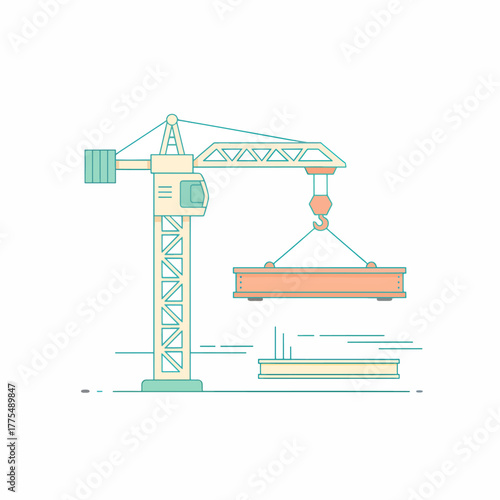 Heavy construction crane lifting steel beam building illustration