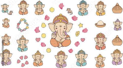 Lord Ganesha in a central position surrounded by decorations and other figures.