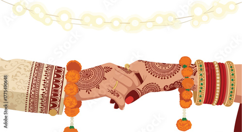 Hands joined in traditional Indian wedding ceremony with henna and bangles.