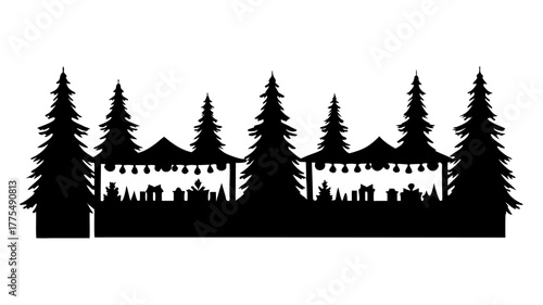 Celebrate holiday magic at a charming winter market silhouette, perfect for festive designs and cozy seasonal promotions, with gifts and trees