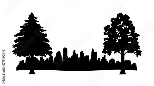 Striking city skyline silhouette framed by majestic trees for urban nature scenes or minimalist design projects, reflecting modern city life, originally a vector