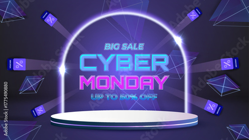 Big Sale Cyber Monday Neon Stage With Discount And Glowing Platform