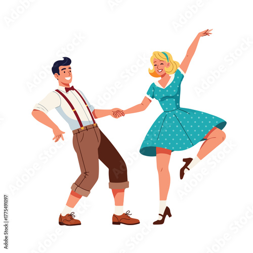 A lively couple dancing swing dance with joy and enthusiasm, capturing the energetic spirit of vintage jazz music and popular retro dance styles