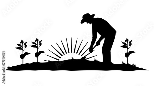 Silhouette farmer planting crops at sunrise symbolizes growth, hard work, and agricultural success perfect for farming, gardening, and agriculture themes